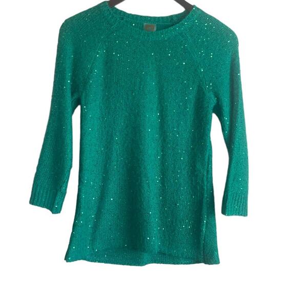 Anne Klein Sweater Women S Kelly Green 3/4 Sleeve Sequins Holiday Festive Party - Picture 1 of 11